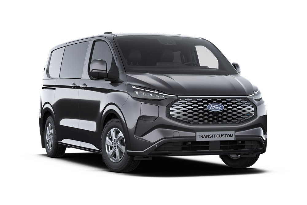 Dunkelgrauer Ford E-Transit Custom Limited Transporter, Frontansicht.  