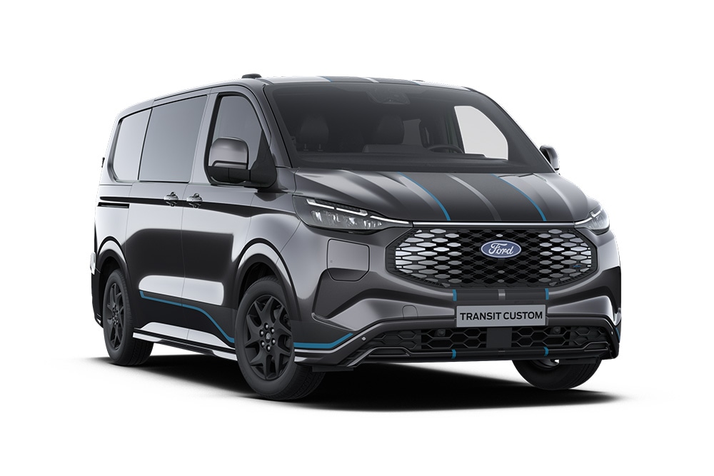 Dunkelgrauer Ford E-Transit Custom Sport Transporter, Frontansicht.