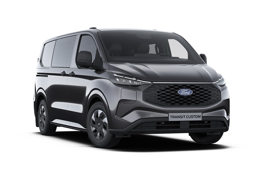 Dunkelgrauer Ford E-Transit Custom Trend Transporter, Frontansicht. 