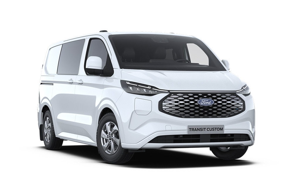 Weisser Ford E-Transit Custom Elektro-Doppelkabine, schraege Frontansicht.  