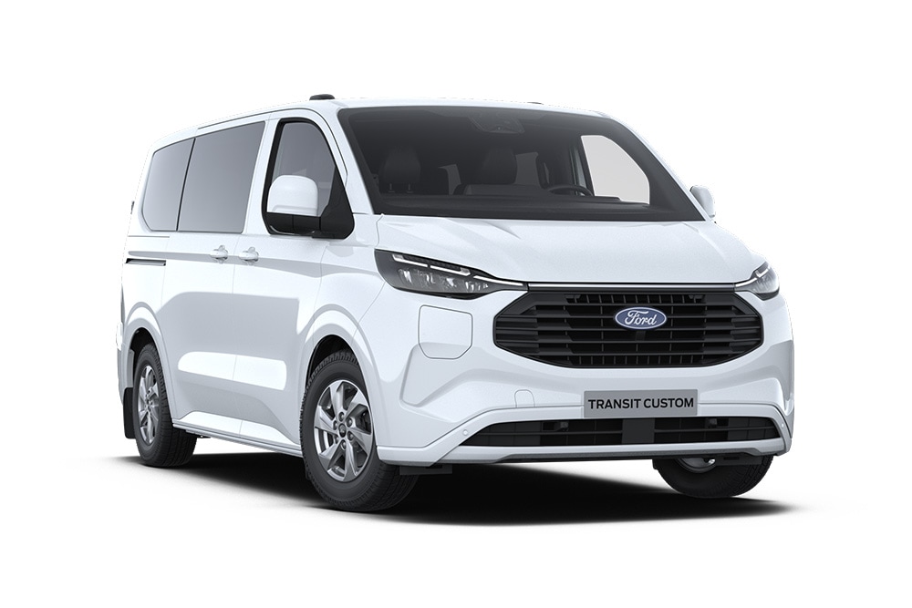 Weisser Ford E-Transit Custom Kombi Elektro-Transporter, schraege Frontansicht.  