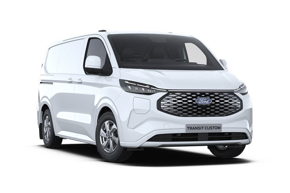 Weisser Ford E-Transit Custom Elektro-Transporter, Frontansicht.  