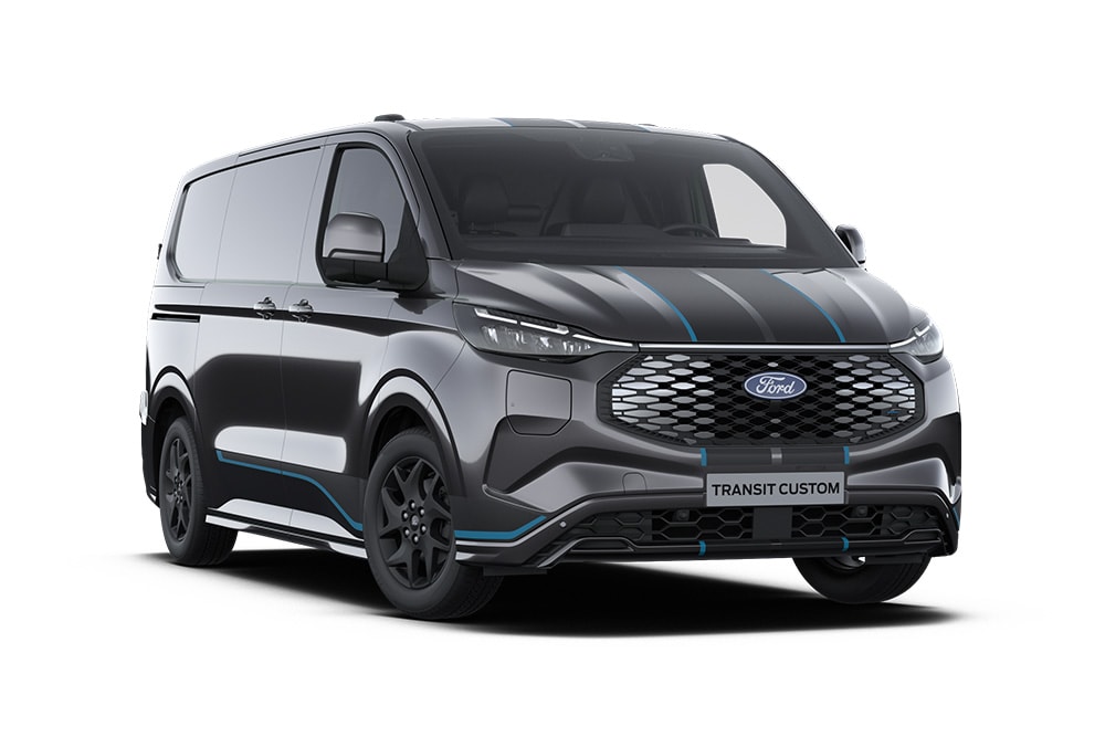 Dunkelgrauer Ford E-Transit Custom Sport Transporter, Frontansicht.