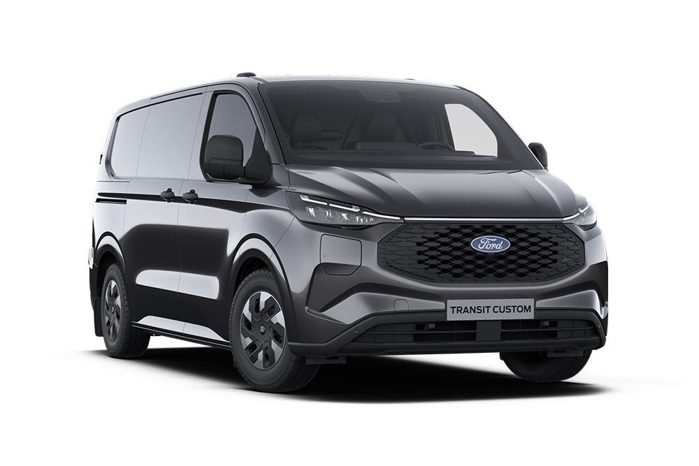Dunkelgrauer Ford E-Transit Custom Trend Transporter, Frontansicht. 