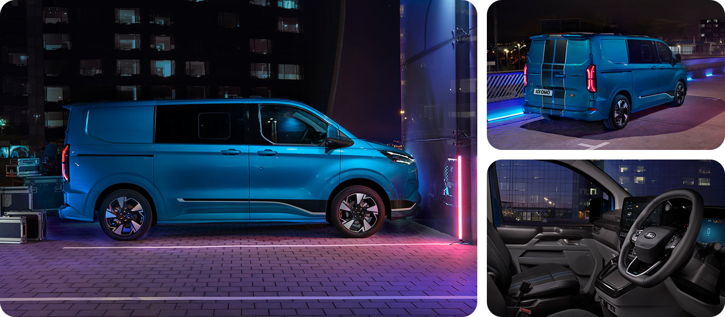 Blauer elektrischer Ford E-Transit Custom Doppelkabine, Seitenansicht bei Nacht.
