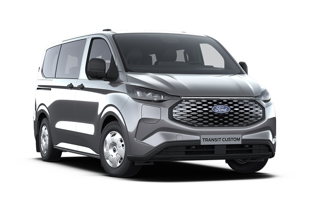 Dunkelgrauer Ford Transit Custom Leader Kombi, Frontansicht.