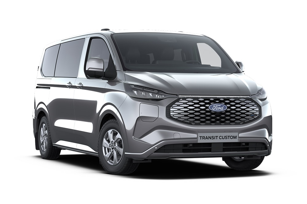 Dunkelgrauer Ford Transit Custom Limited Kombi, Frontansicht.