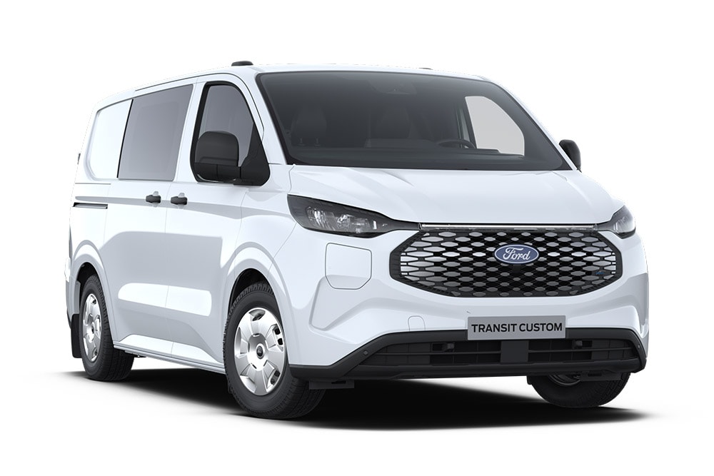 Weisser Ford E-Transit Custom Elektro-MultiCab, schraege Frontansicht.  