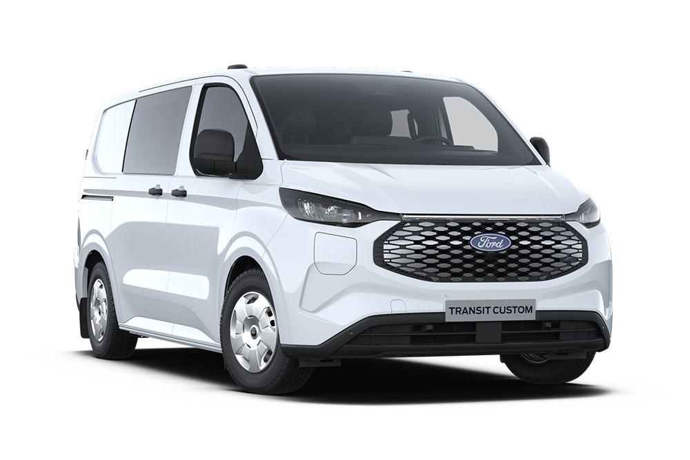 Weisser Ford E-Transit Custom Elektro-Doppelkabine, schraege Frontansicht.  