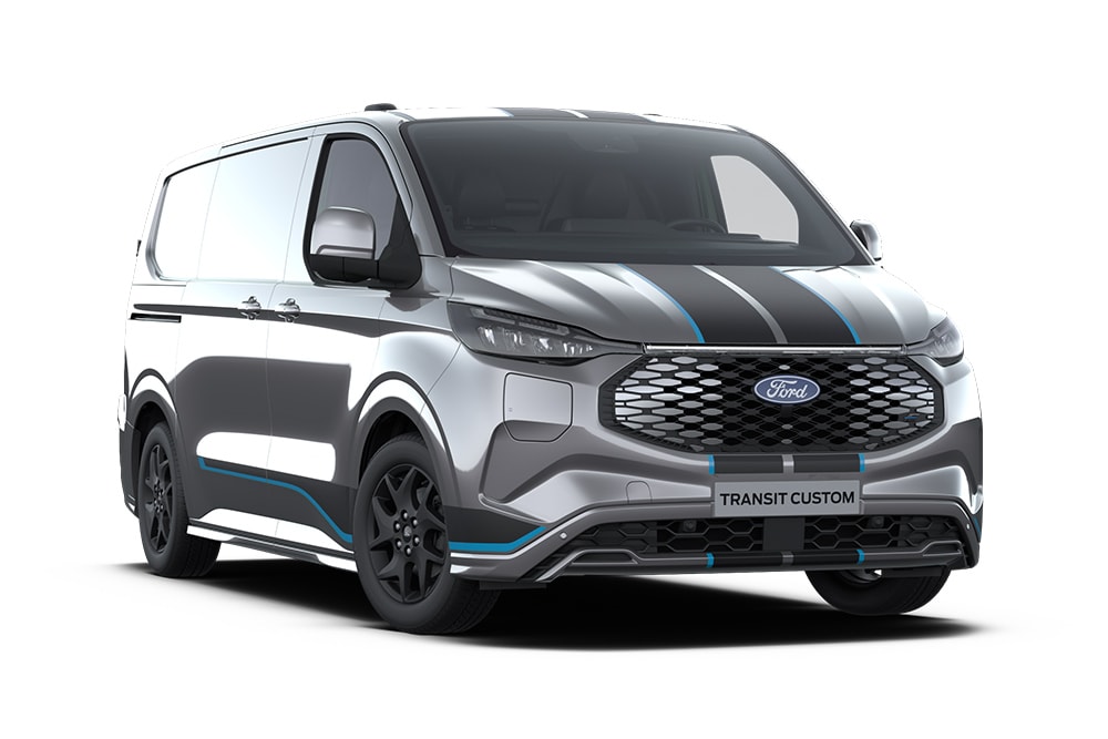 Dunkelgrauer Ford E-Transit Custom Sport Transporter, Frontansicht.