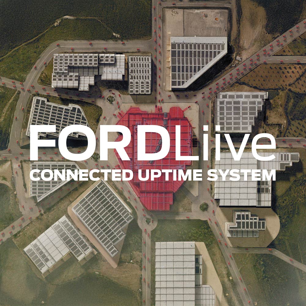 Luftaufnahme einer Ford Anlage mit FordLiive-Logo.  