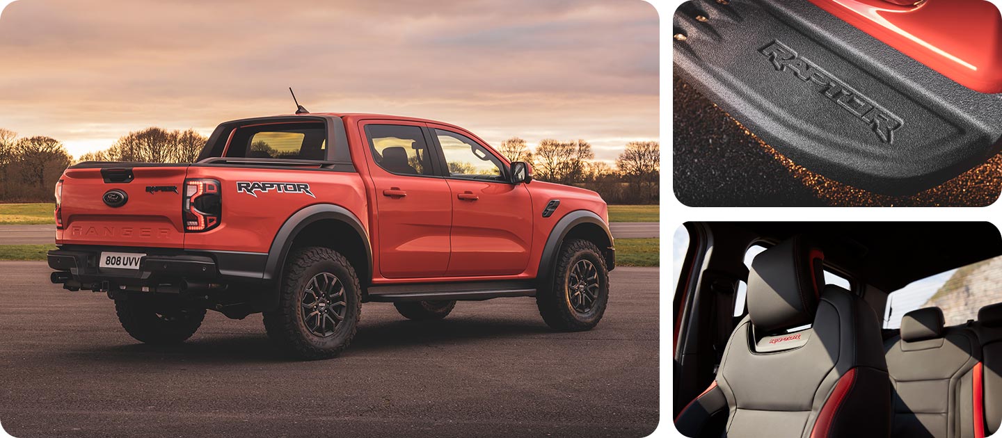 Code Orange Ford Ranger Raptor in einer Montage aus drei Bildern – Dreiviertel-Heckansicht, Nahaufnahme der Heckstoßstange und Nahaufnahme der Sitze.
