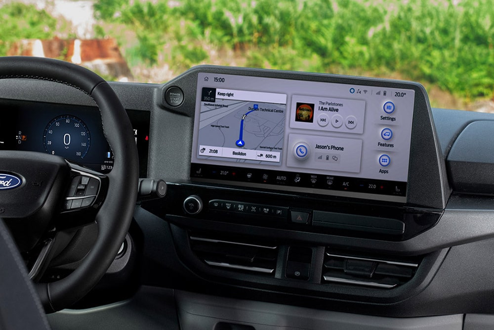 13" touchscreen showing SYNC™ 4 dashboard in the Ford Transit Custom Nugget.