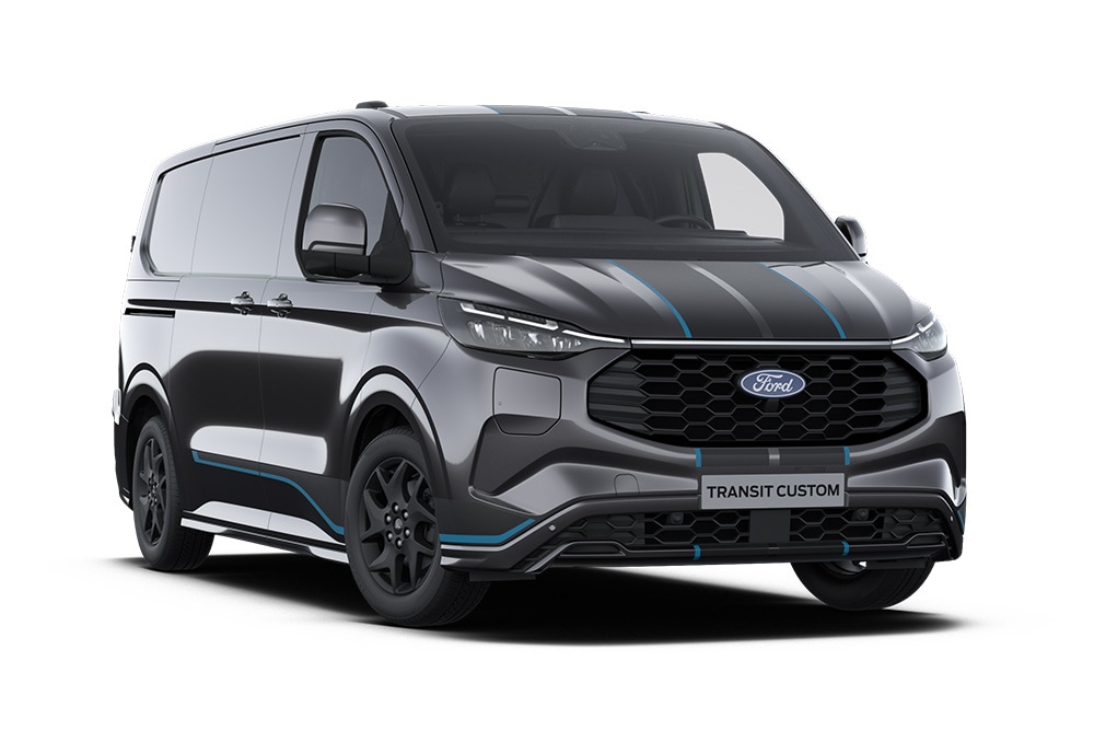 Dunkelgrauer Sport Ford Transit Custom Kleintransporter mit blauen Akzenten.