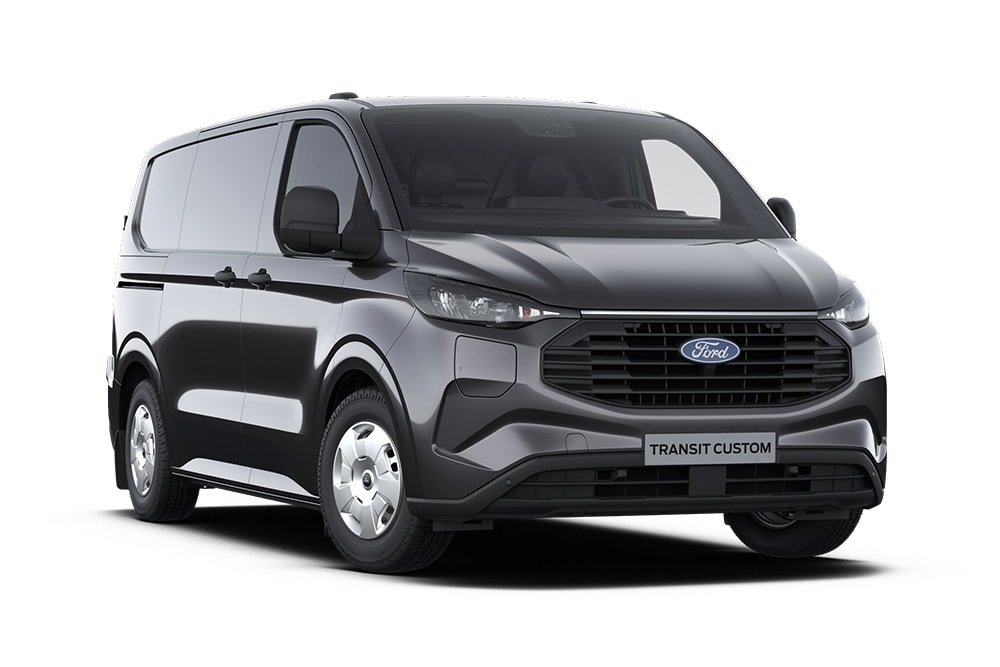 Dunkelgrauer Trend Ford Transit Custom Kleintransporter, Frontansicht. 