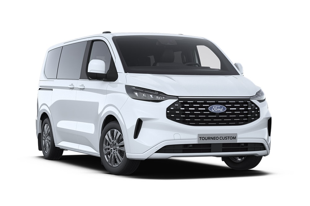 Vordere linke Ecke eines weissen Ford Tourneo Custom Titanium.