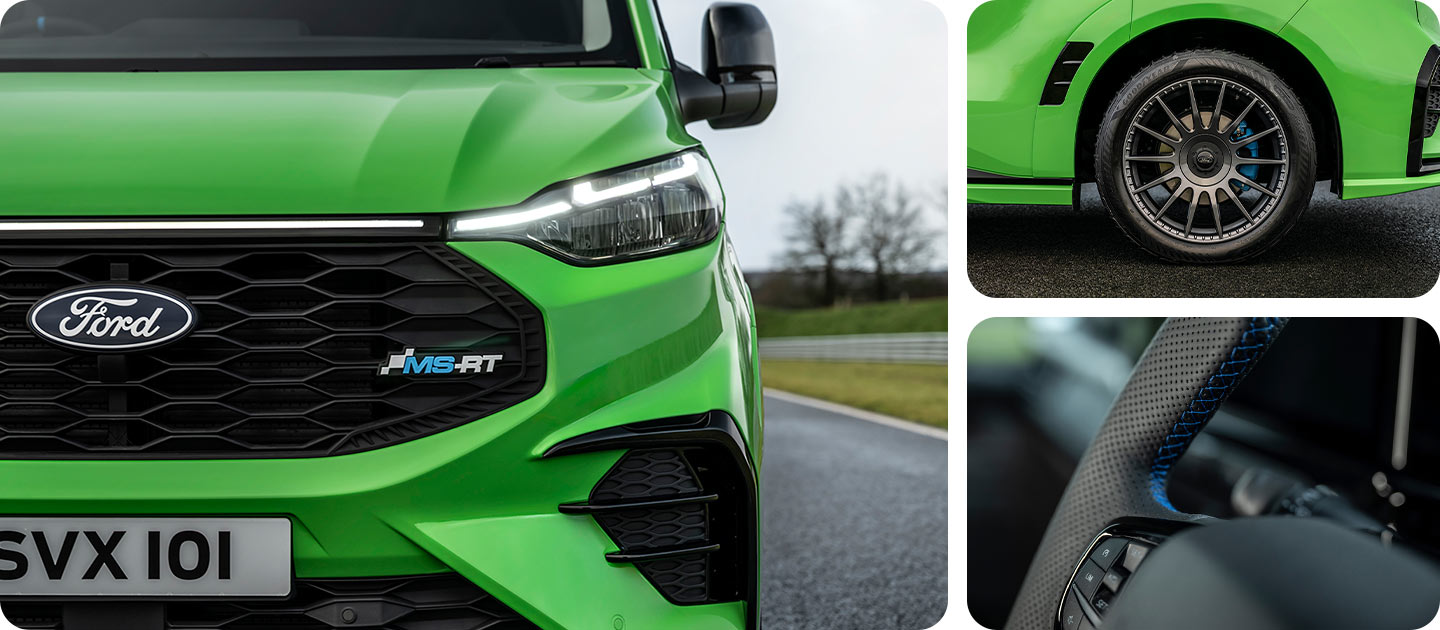 Front view of a green Ford Transit Custom MS-RT.