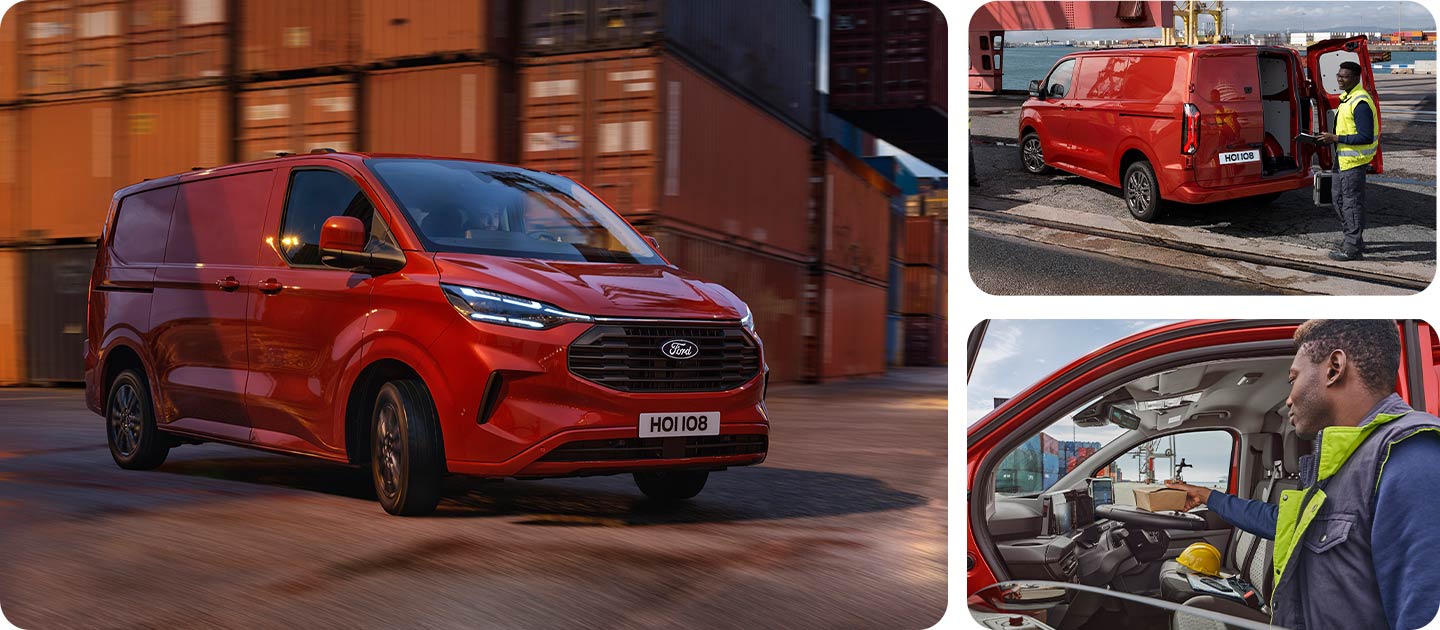 Roter Ford Transit Custom Kleintransporter faehrt durch einen Hafenbereich