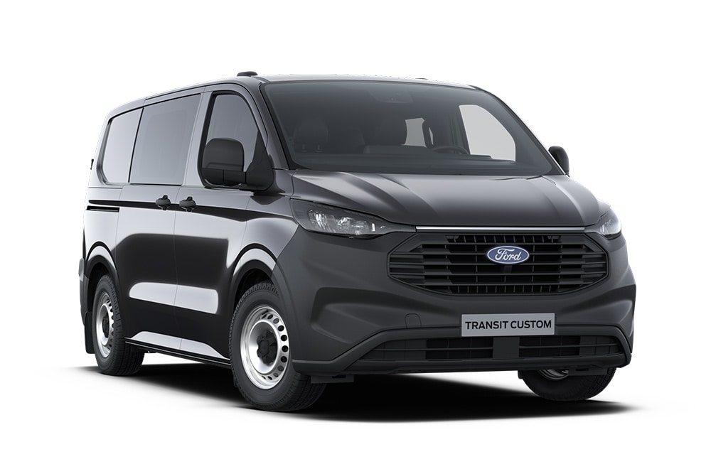 Dunkelgrauer Basis Ford Transit Custom Kleintransporter, Frontansicht.  
