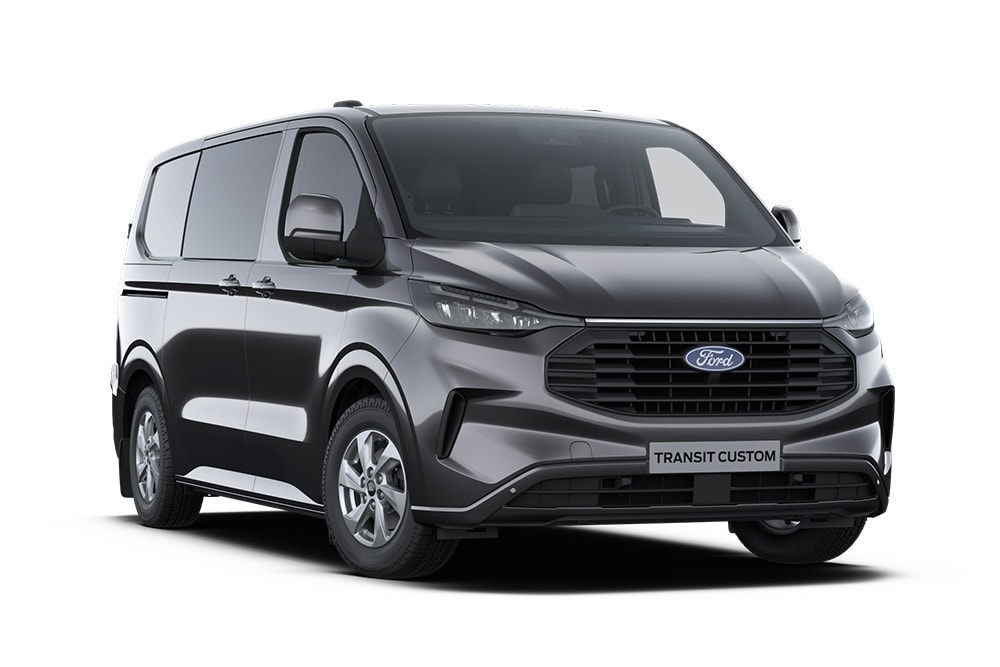 Dunkelgrauer Limited Ford Transit Custom Kleintransporter, Frontansicht. 