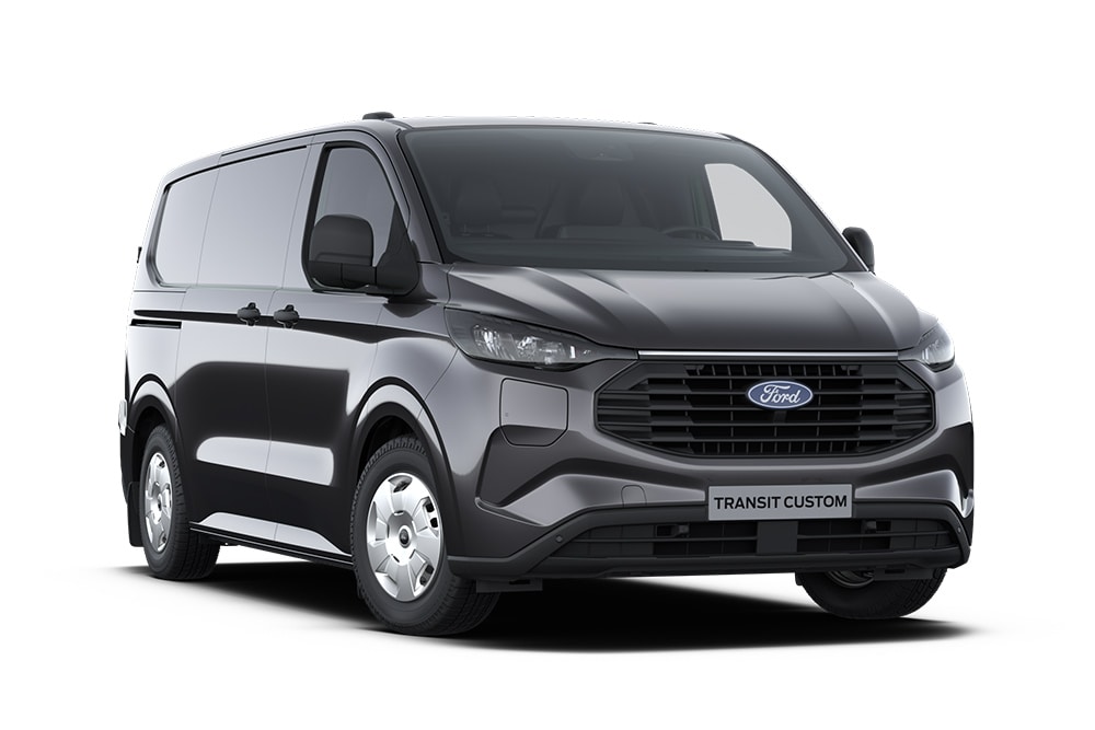 Dunkelgrauer Trend Ford Transit Custom Kleintransporter, Frontansicht. 