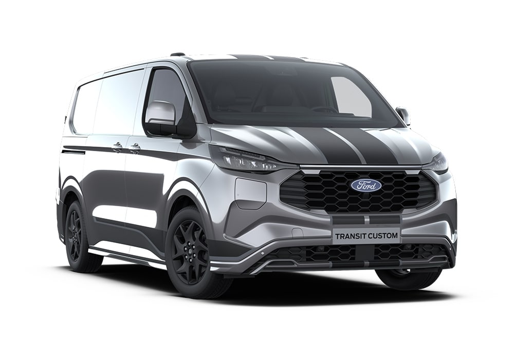 Dunkelgrauer Sport Ford Transit Custom Kleintransporter mit blauen Akzenten.