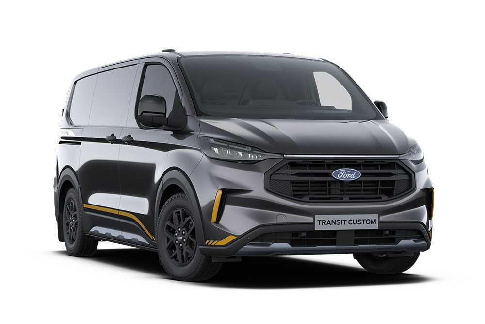Dunkelgrauer Trail Ford Transit Custom Kleintransporter mit goldfarbenen Akzenten.