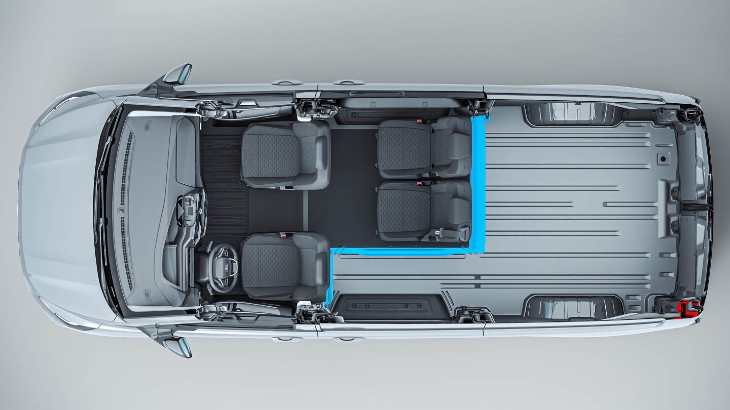 Draufsicht auf einen grauen Ford Transit Custom Multicab