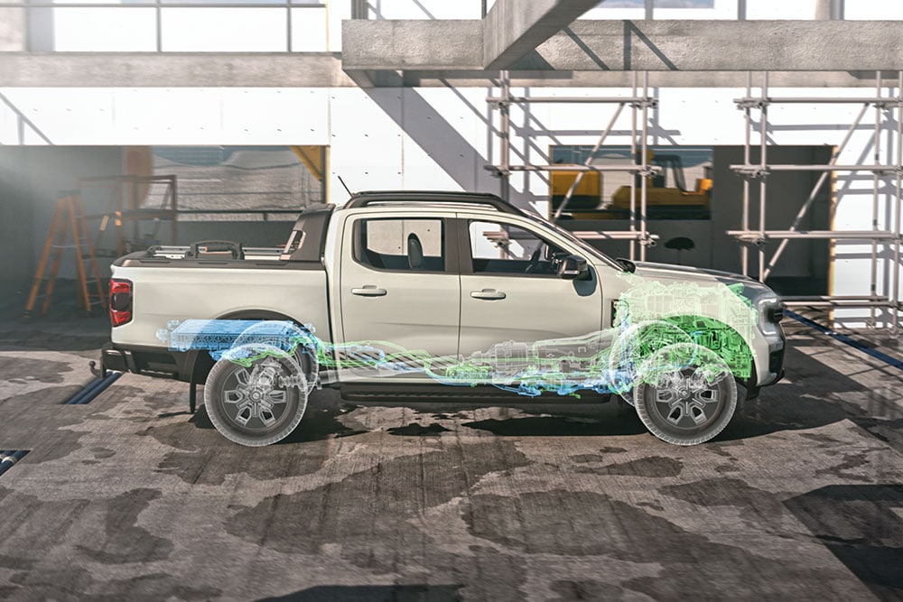 Zeitraffer-Video vom Ranger PHEV auf einer Baustelle, das seine Hybridantriebstechnologie präsentiert.