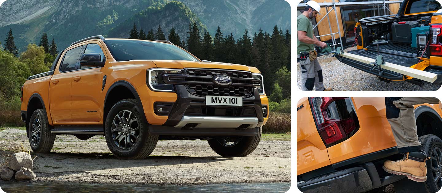 Ein gelber Ford Ranger Wildtrak geparkt auf felsigem Gelände vor einer Gebirgskulisse.