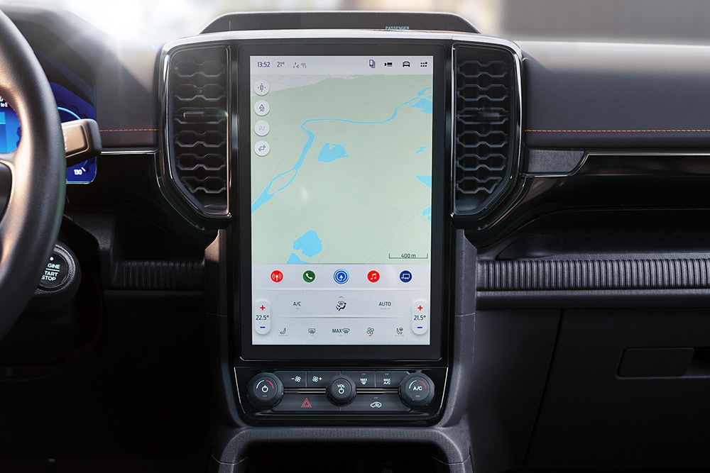 Nahaufnahme des zentralen Ford Ranger SYNC™ 4 12-Zoll-Touchscreens.