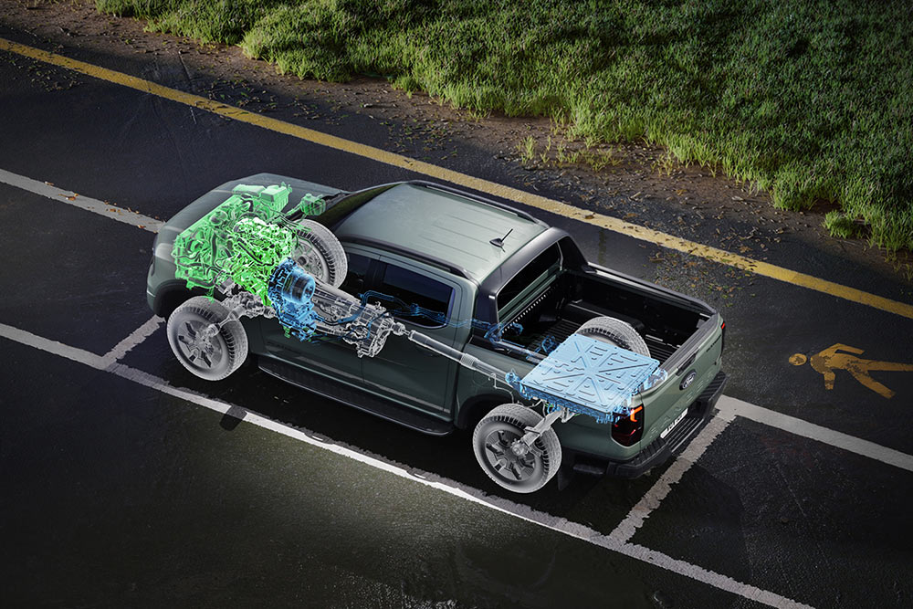 Ein Ford Ranger neben einer Wiese, dazu eine Innenansicht mit Fokus auf Innenraumdetails.
