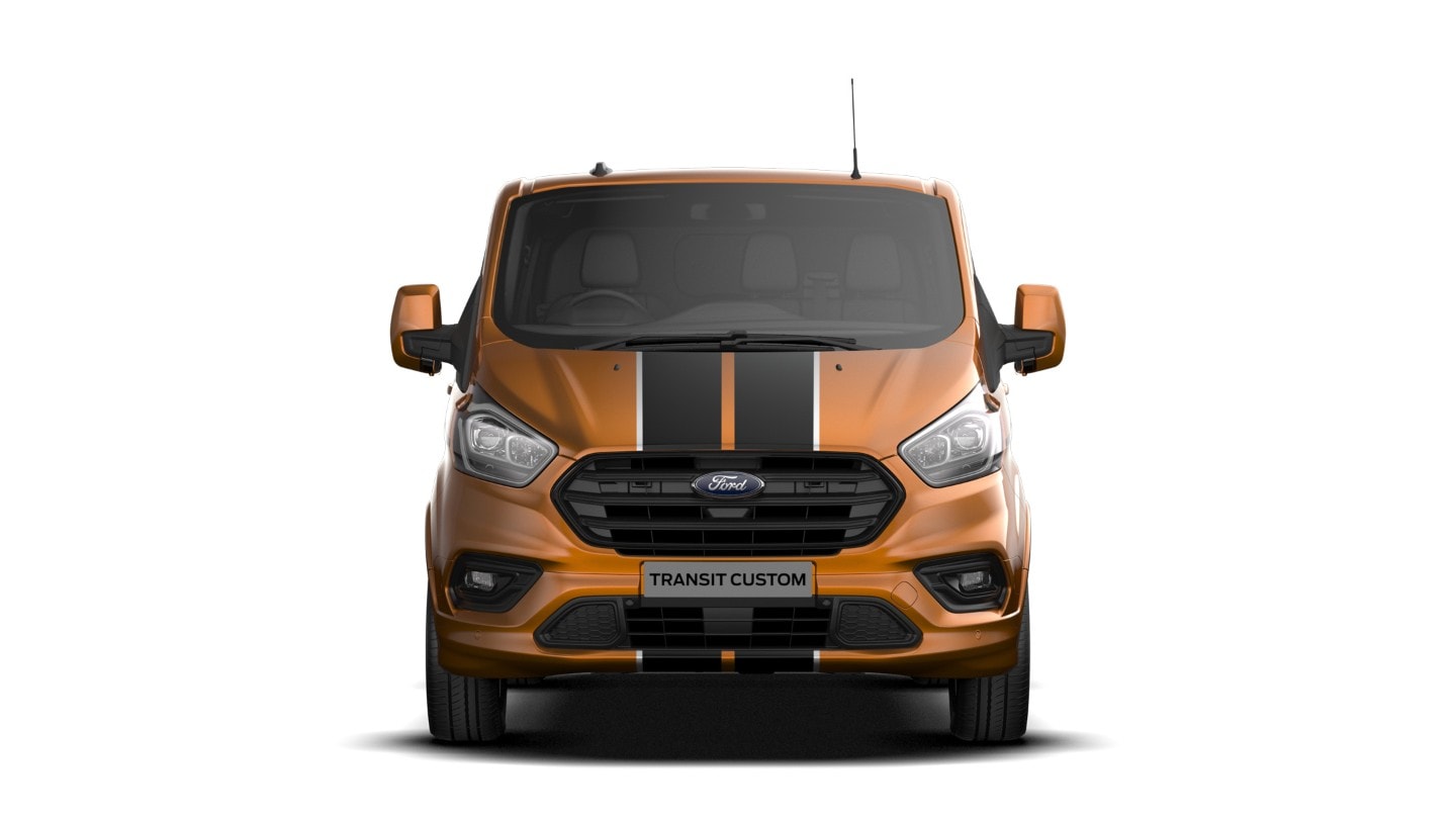 Ford Transit Custom Doppelkabine Orange Frontansicht Freisteller