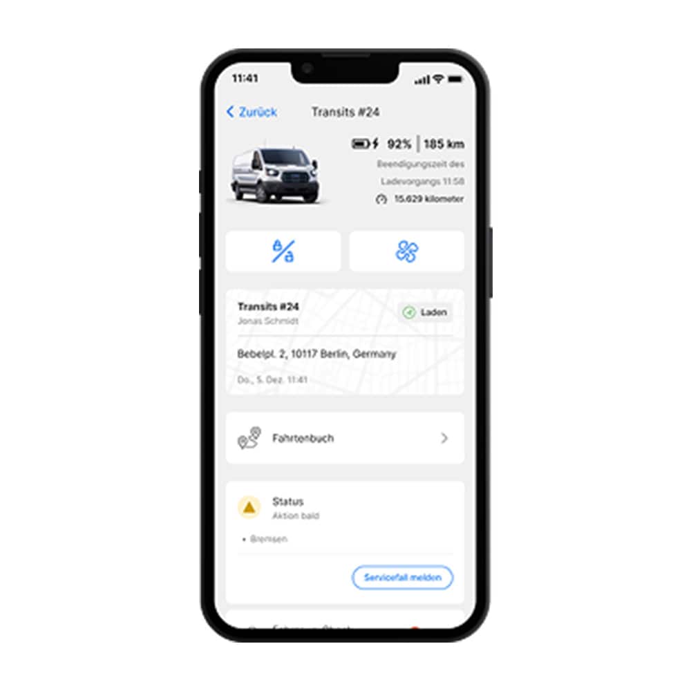 Ford Pro Telematics Drive Ansicht einer Fahrzeugseite, die verschiedene Indikatoren anzeigt.