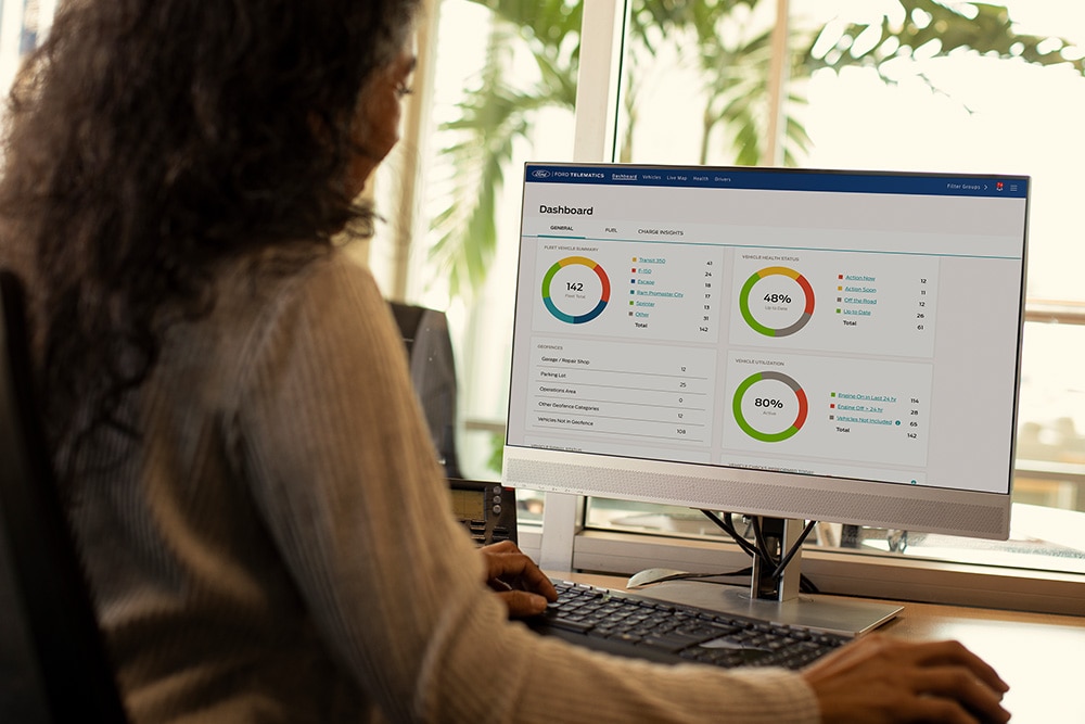 Frau betrachtet ihre Ford Telematik-Dashboard-Daten auf ihrem Desktop-Computer.