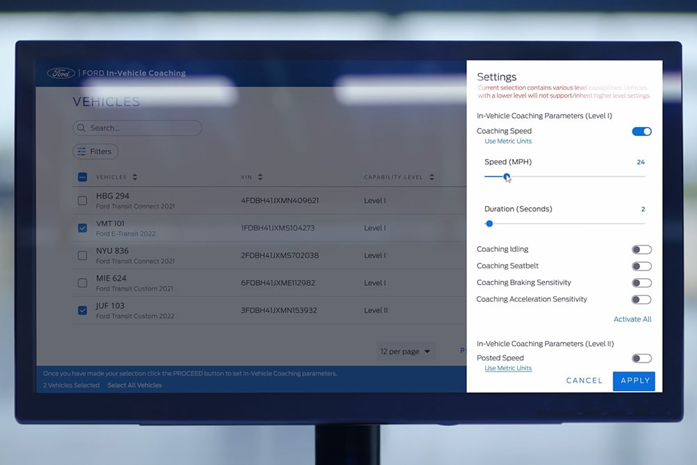 Ein Dashboard, das die In-Vehicle-Coaching-Funktionen von Ford anzeigt.