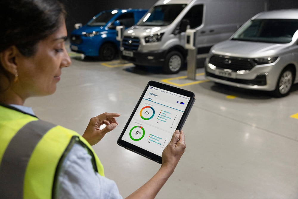 Eine Person in einer Warnweste, die ein Tablet mit einem Dashboard mit Diagrammen und Daten in Händen hält.