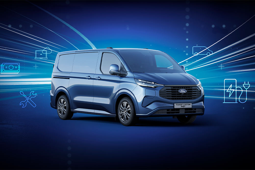 Ein blauer Ford Van aus 45-Grad-Frontansicht vor blauem Hintergrund mit digitalen Linien.